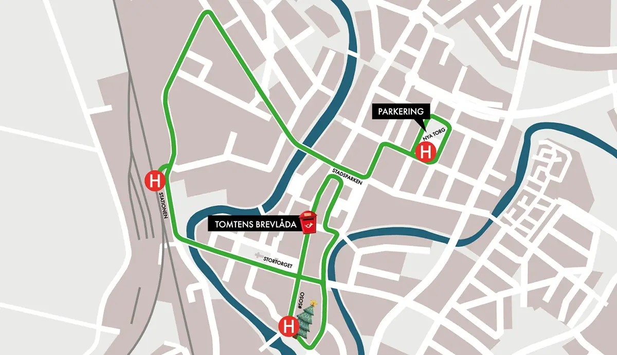Karta över Tomtetågets tur i Ängelholms stadskärna